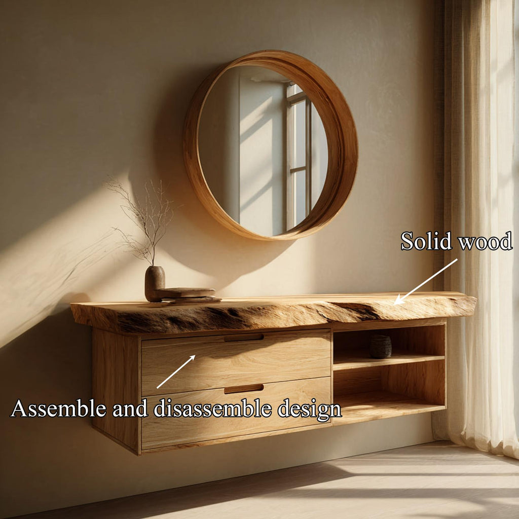 Spry Interior Mid Century Modern Floating Bathroom Vanity, Sculpted Solid Wood Single Washstand Shelf, Wall Mount Bathroom Console SINLKIBRV234