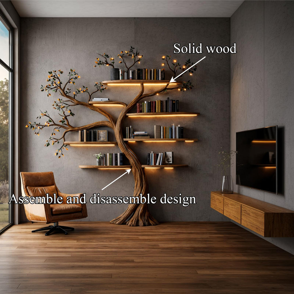 Sculptural Solid Wood Tree Bookshelf, Architectural Wall Floating Branch Display Bookcase for Living Room Art
