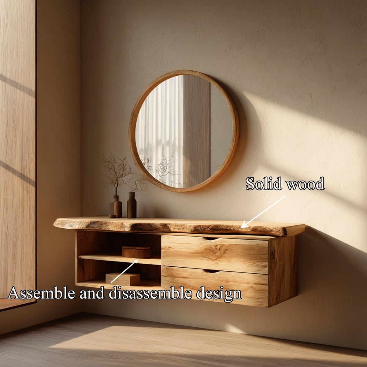 Spry Interior Floating Bathroom Vanity Shelf, Rustic Natural Grain Solid Wood Single Washstand, Wall Mount Farmhouse Bathroom Storage SINLKIBRV235