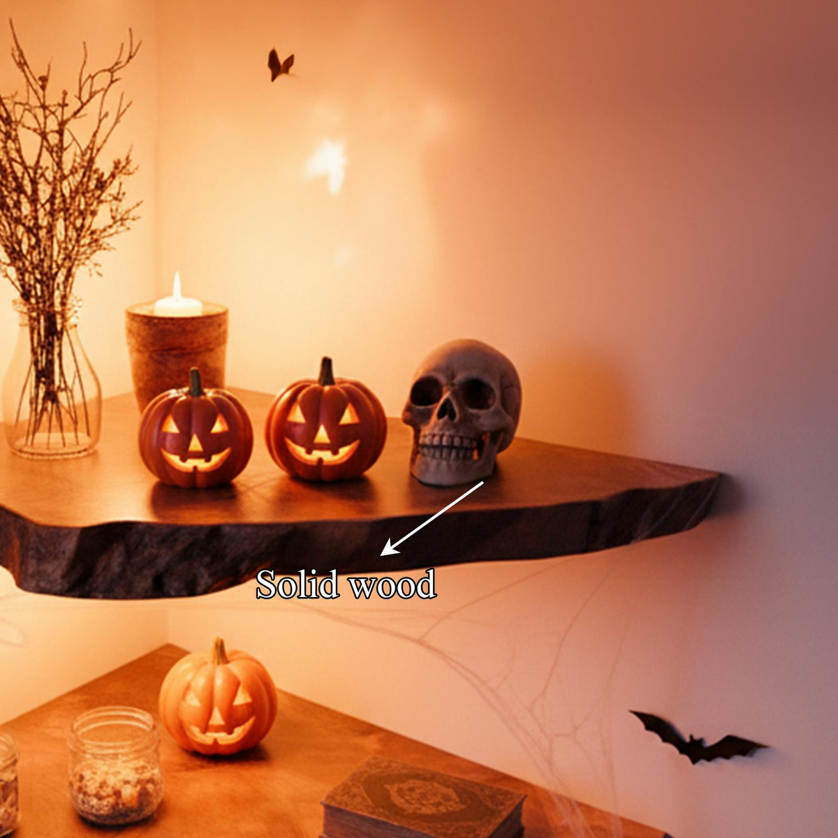 Rustic Farmhouse Floating Wall Shelf, Wooden Tree Branch Hanging Shelf, Spooky Halloween & Gothic Home Decor