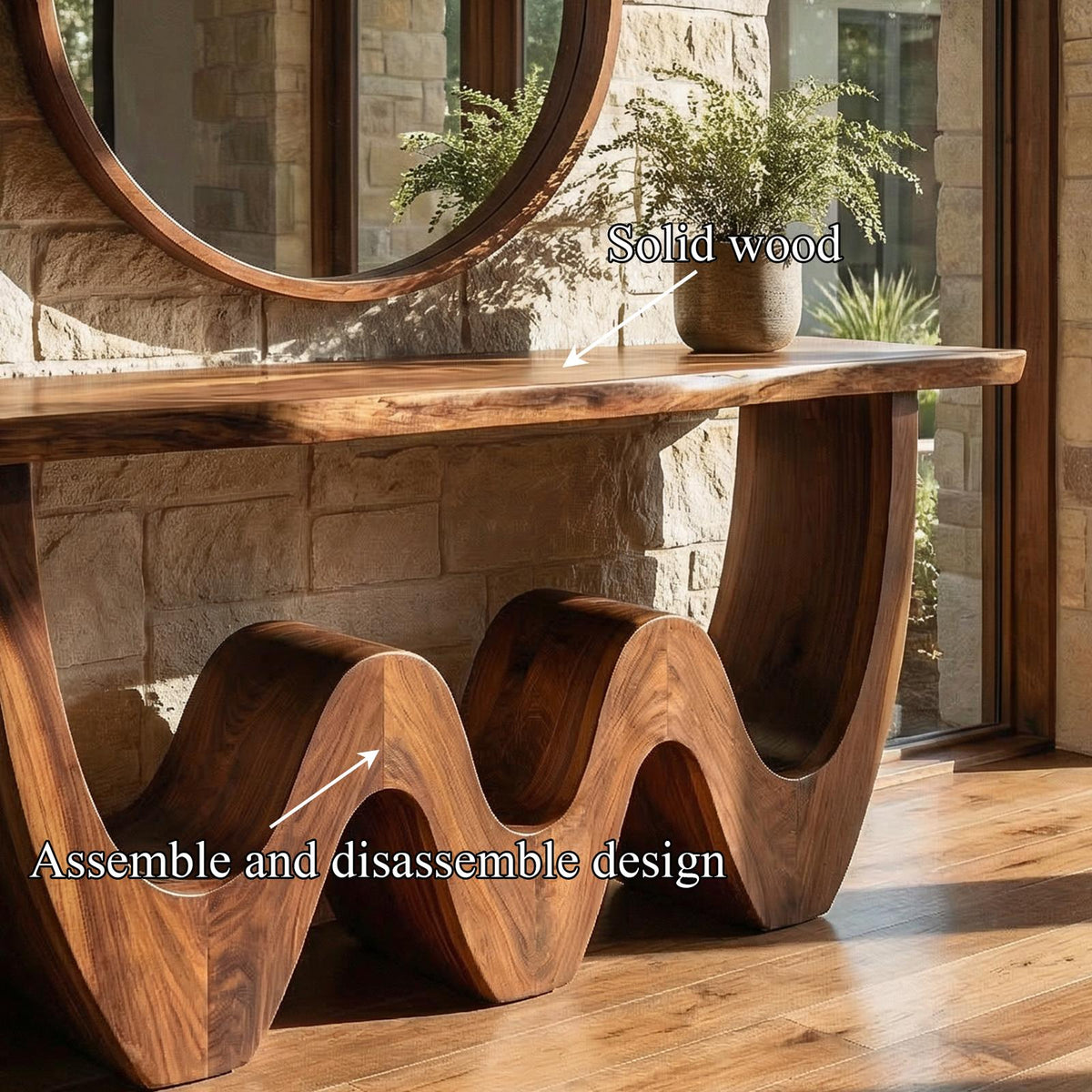 Rustic Triple Wave Wood Console Table, Sculptural Entryway, Hallway & Sofa Back Table