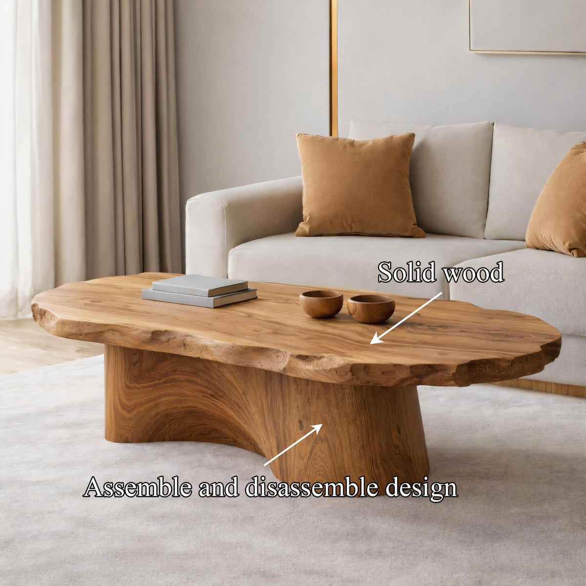 Soft Edge Organic Solid Wood Coffee Table, Sculpted Base Serene Center Table for Modern Living Room Interior