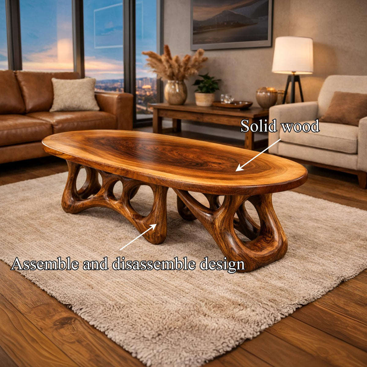 Sculpted Live Edge Solid Wood Coffee Table Organic Arch Silhouette Warm Contemporary Living Room Interior SINLKICF302