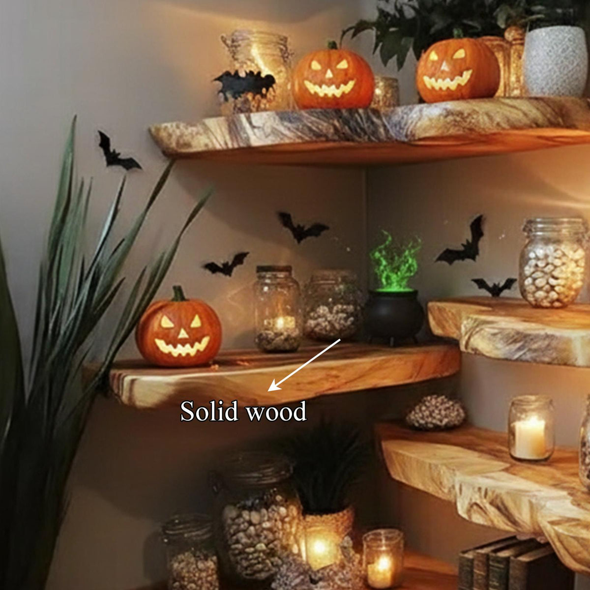 Rustic Farmhouse Floating Wall Shelf, Wooden Tree Branch Wall Shelf, Spooky Halloween & Goth Living Room Display