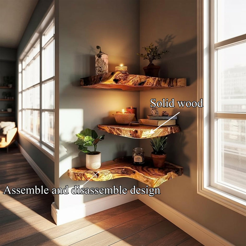Rustic Corner Wall Shelf, Minimalist Solid Wood Floating Shelf Unit for Living Room & Bedroom Corner Display