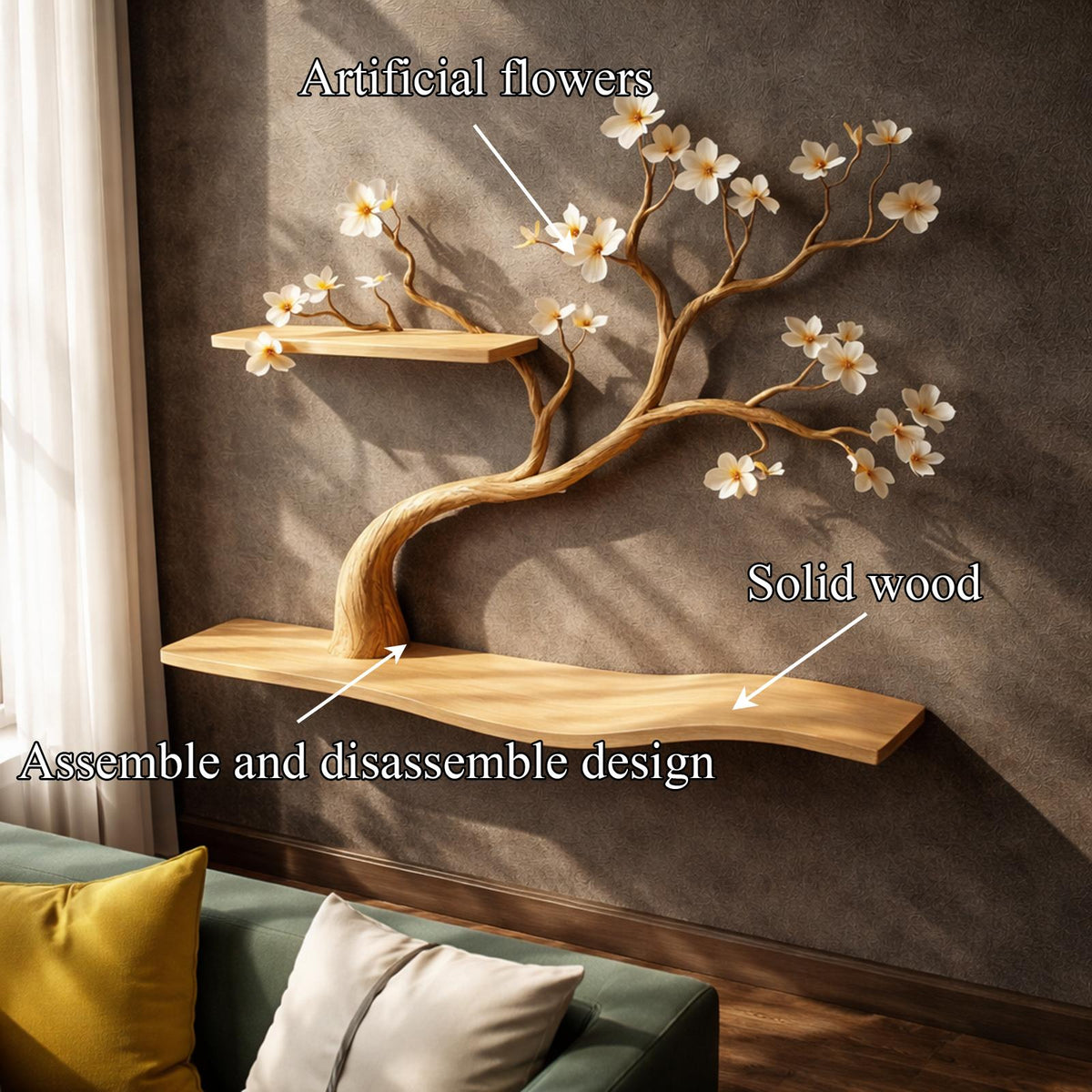 Rustic Tree Shelf, Wall Mounted Wood Branch Play Climber & Steps for Cats, Living Room Accent Shelving