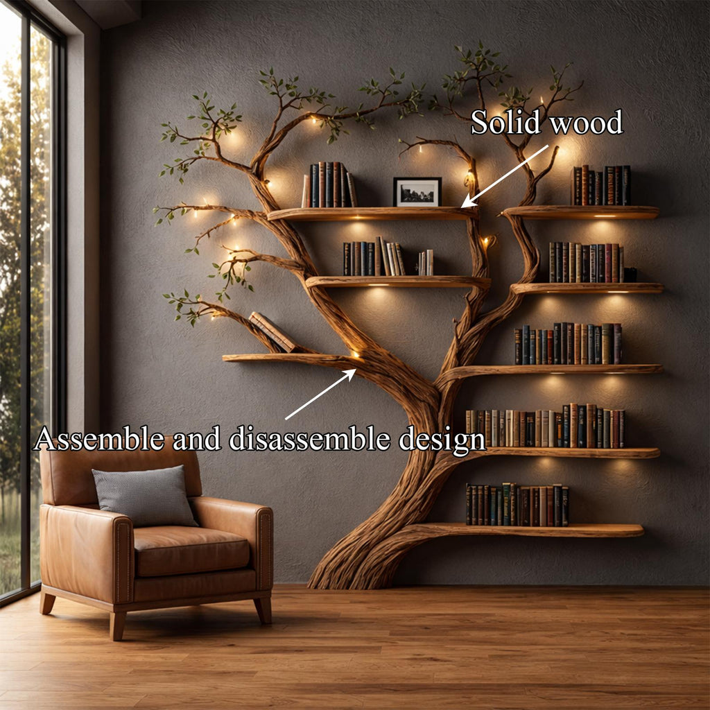 Rustic Organic Wood Tree Bookshelf, Handcrafted Wall Mounted Floating Branch Bookcase Wall Art Decor for Home