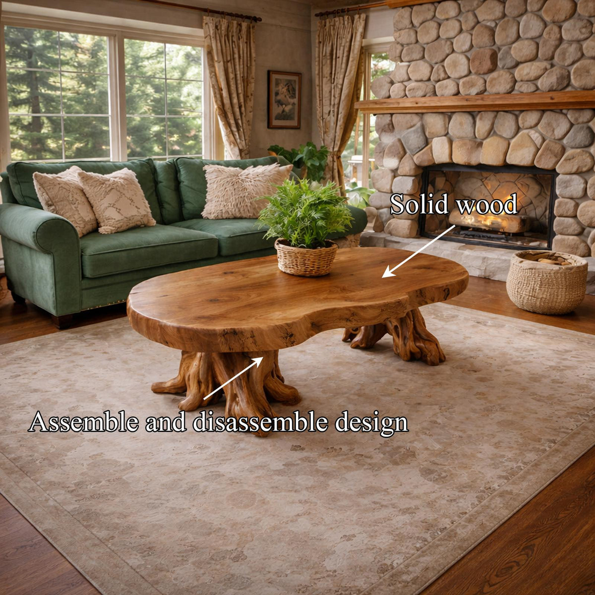 Spry Interior Rustic Root Wood Style Solid Wood Coffee Table, Handcrafted Unique Accent Center Table for Living Rooms, SINLKICF309