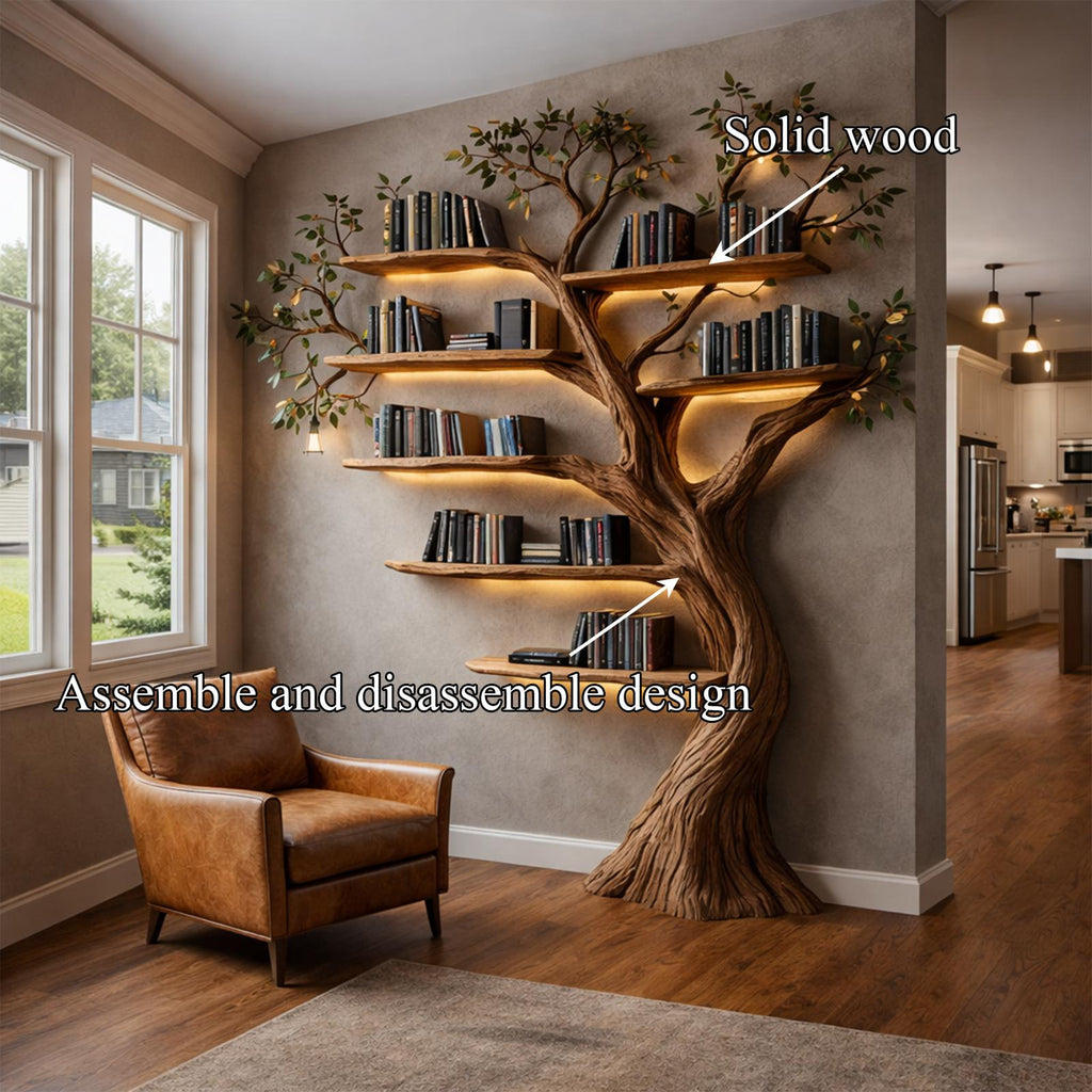 Rustic Woodland Wood Tree Bookshelf, Handcrafted Wall Mounted Floating Branch Bookcase for Living Room Storage