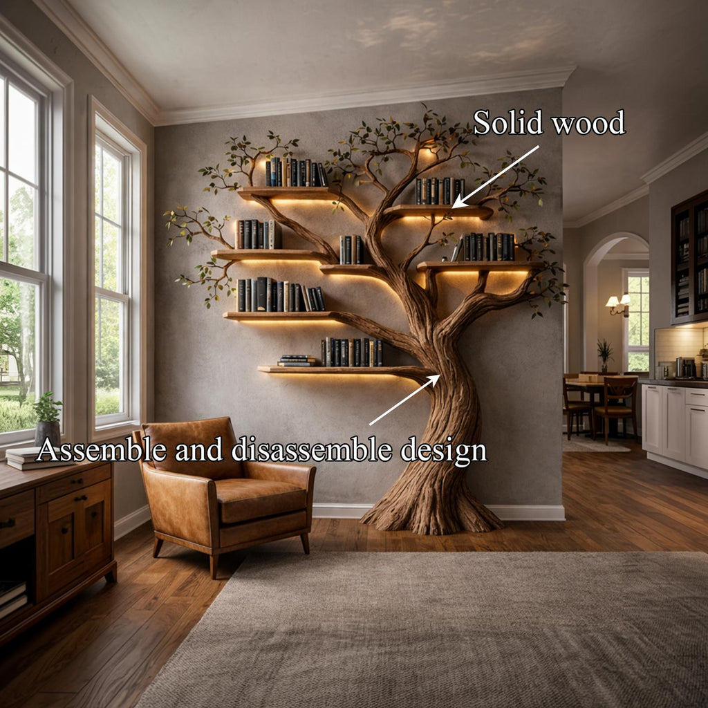 Rustic Nature Inspired Tree Bookshelf, Handmade Solid Wood Floating Wall Mounted Branch Bookcase for Living Room
