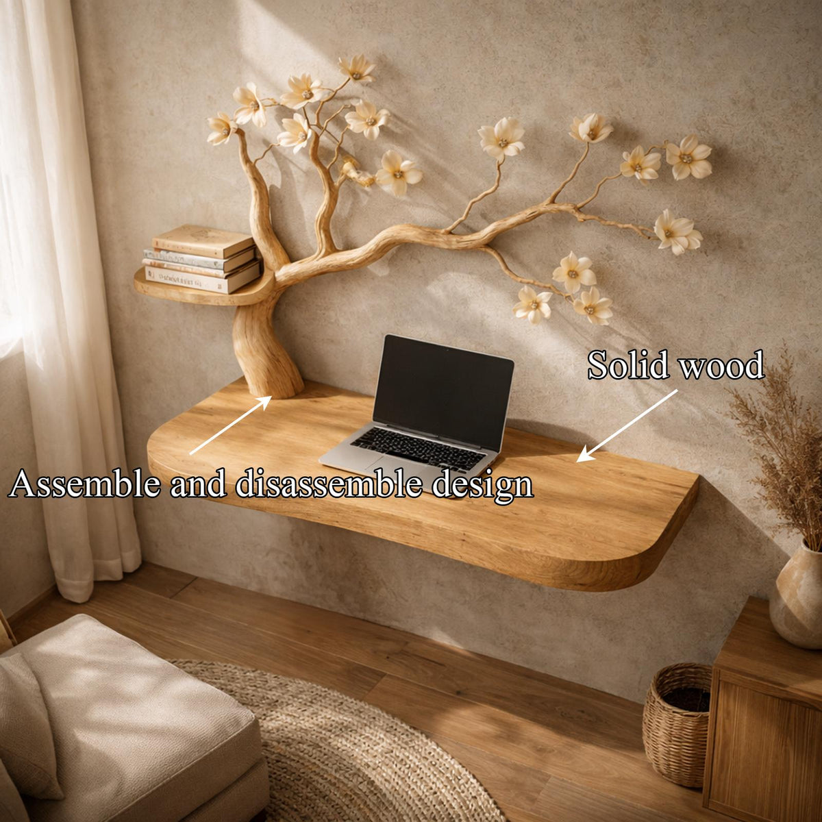 Organic Artistic Floating Desk With Floral Tree Sculpture For Home Office