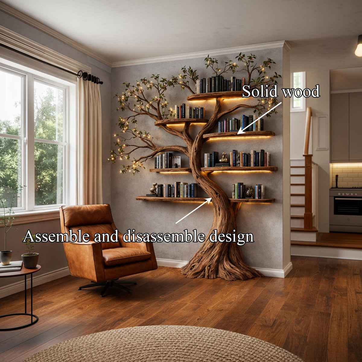 Rustic Artisan Wood Tree Bookshelf, Handcrafted Floating Branch Wall Mounted Statement Bookcase for Living Room