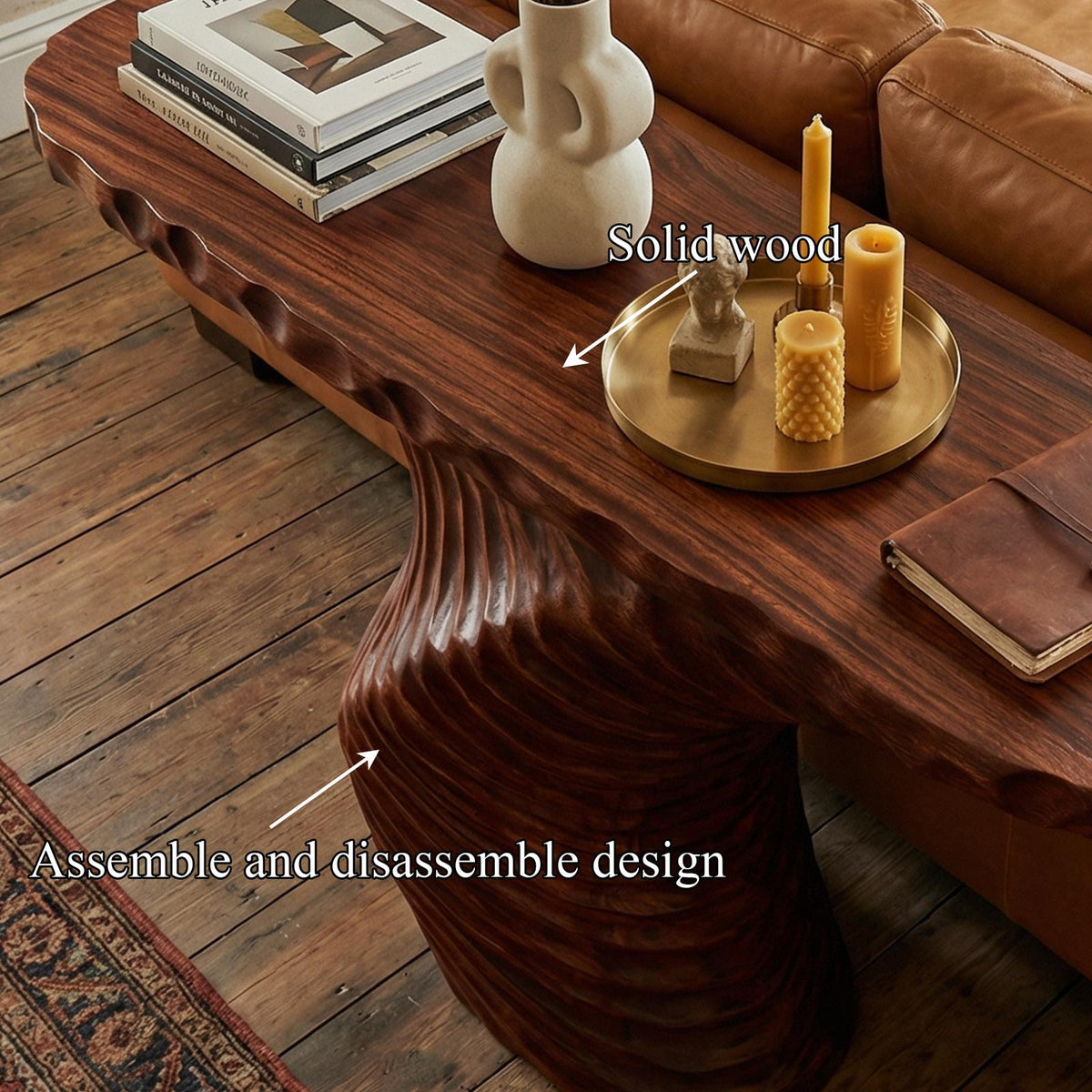 Rustic Ribbed Sculptural Console Table, Solid Wood Sofa Back & Entryway Accent Table for Living Room