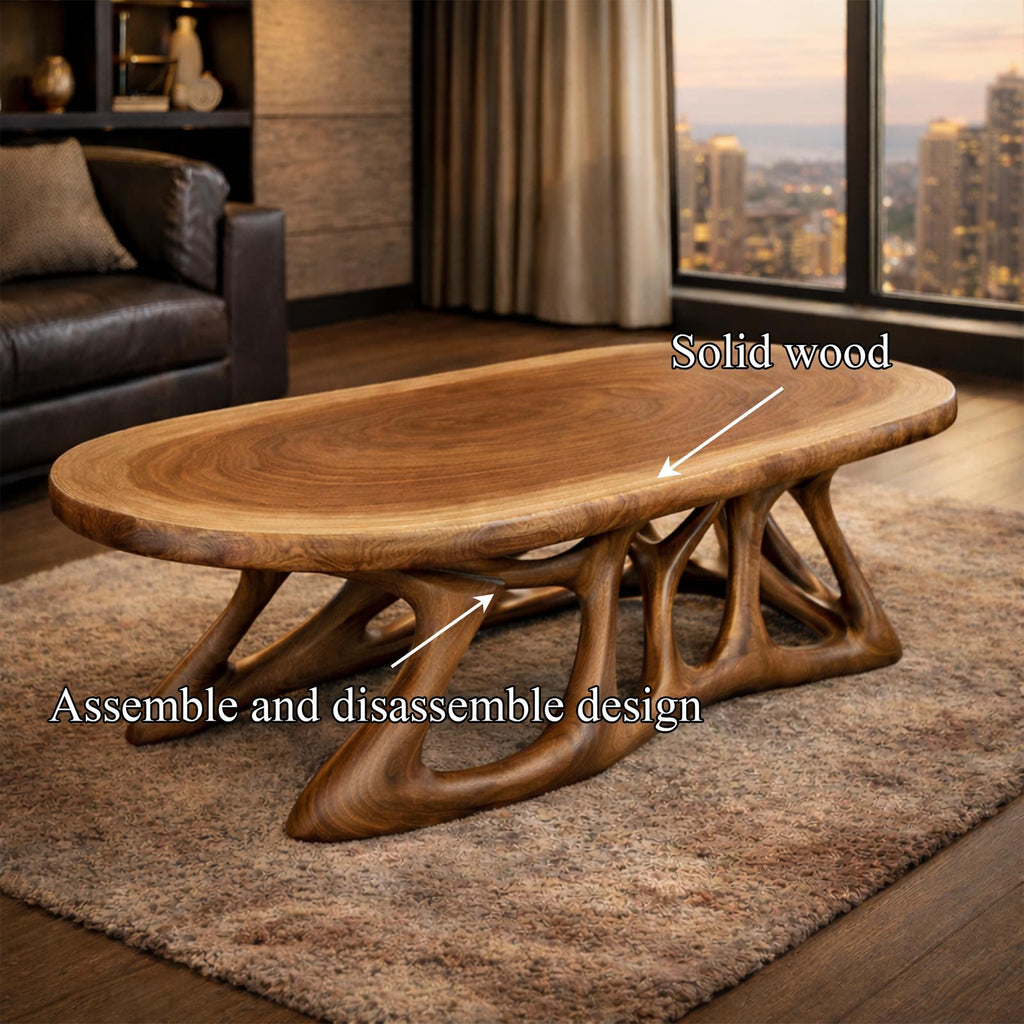 Organic Root Inspired Solid Wood Coffee Table, Unique Freeform Live Edge Center Table for Modern Living Rooms