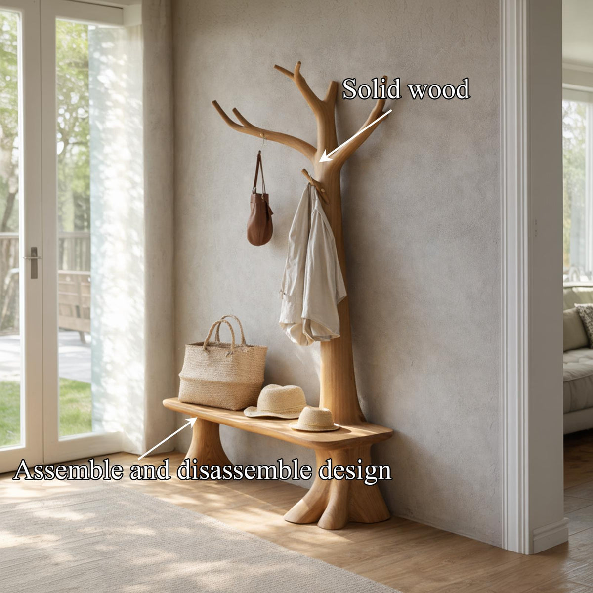Handcrafted Tree Coat Rack With Bench Solid Wood Entryway Interior Functional Decor