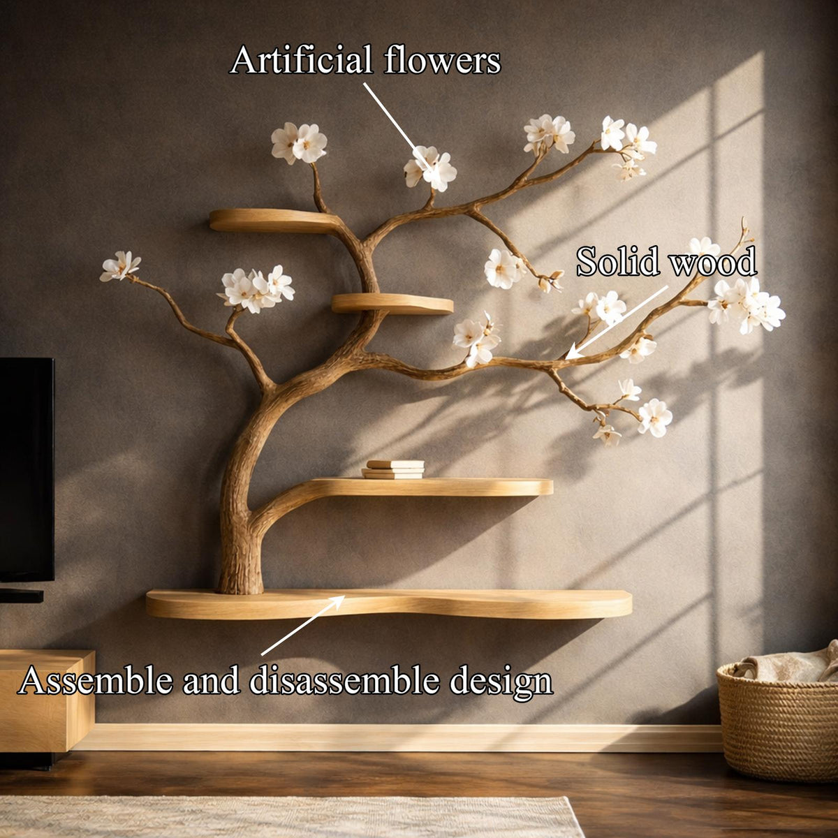 Rustic Tree-Inspired Wall Mounted Shelf, Artistic Solid Wood Branch Book Rack & Wall Decor for Bedrooms