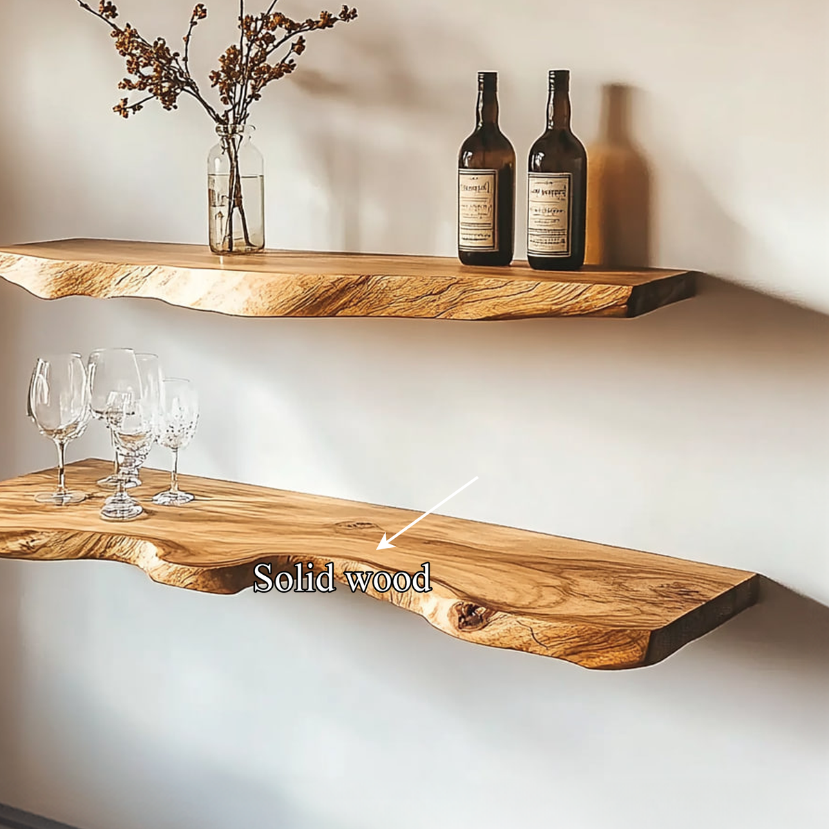 Rustic Solid Wood Floating Shelf with Live Edge Design, Wall Mounted Tableware Display & Kitchen Spice Organizer Ledge