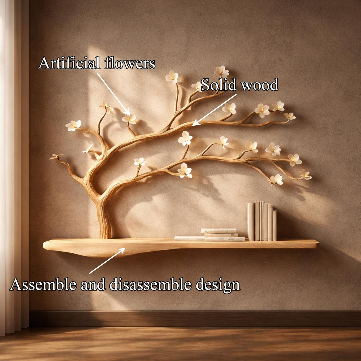 Rustic Tree Wall Mounted Bookcase, Handmade Wood Branch Decorative Shelving Unit for Living Room Wall Decor