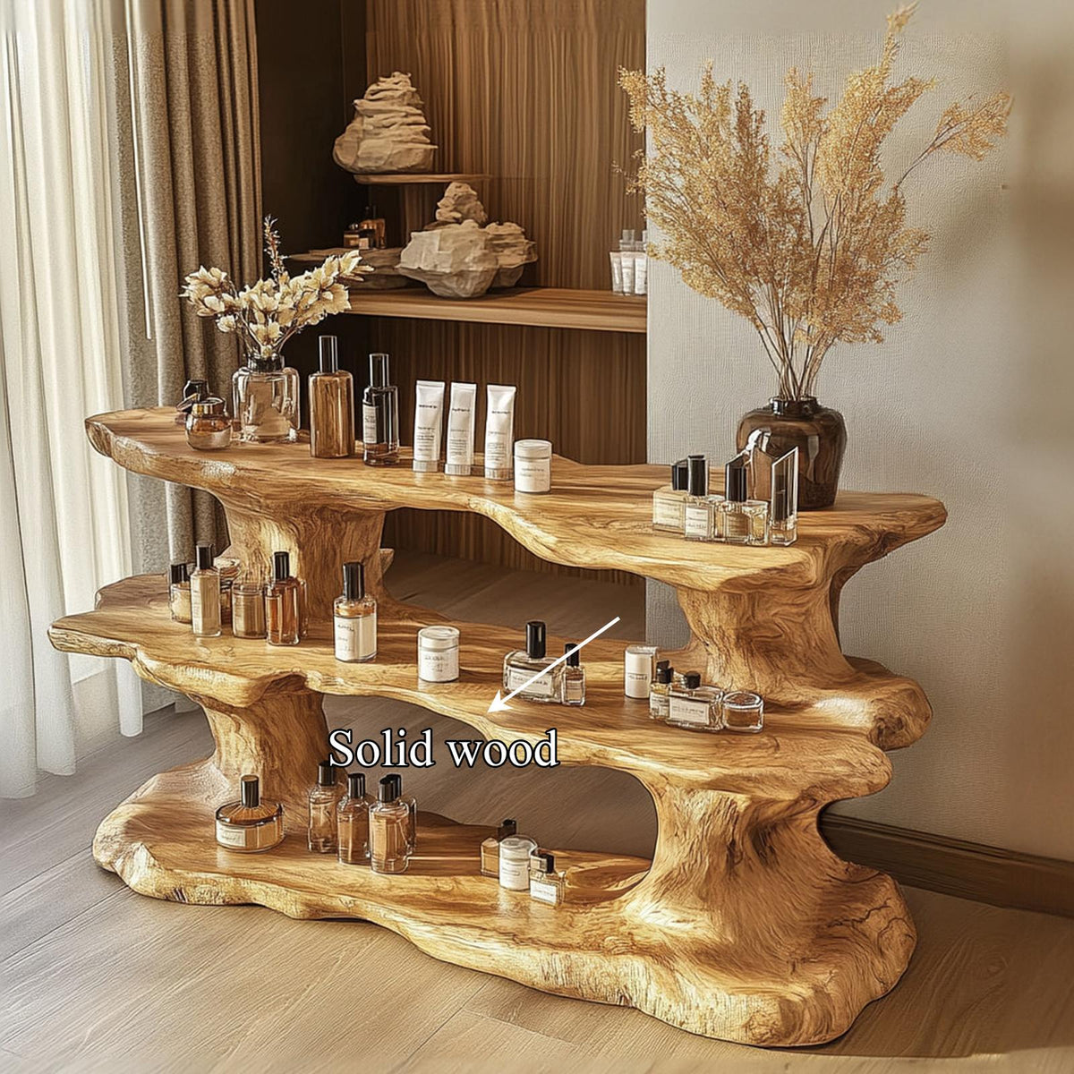 Rustic Organic Wood Display Shelf Living Room Or Spa