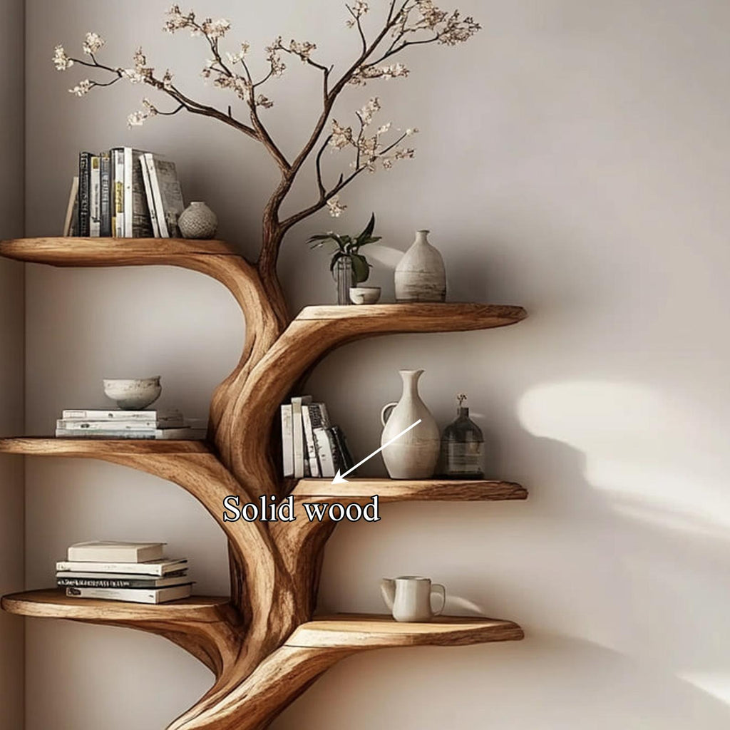 Rustic Wall Mounted Tree Shelf, Wooden Floating Branch Bookshelf & Cozy Decorative Display Rack for Living Room
