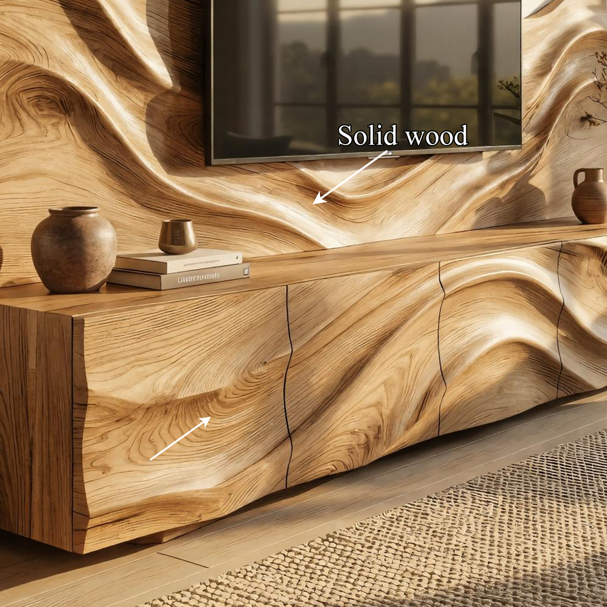 Scandinavian TV Cabinet & Slat Wood Wall Panel Set, Modern Entertainment Center for Living Room, Media Console