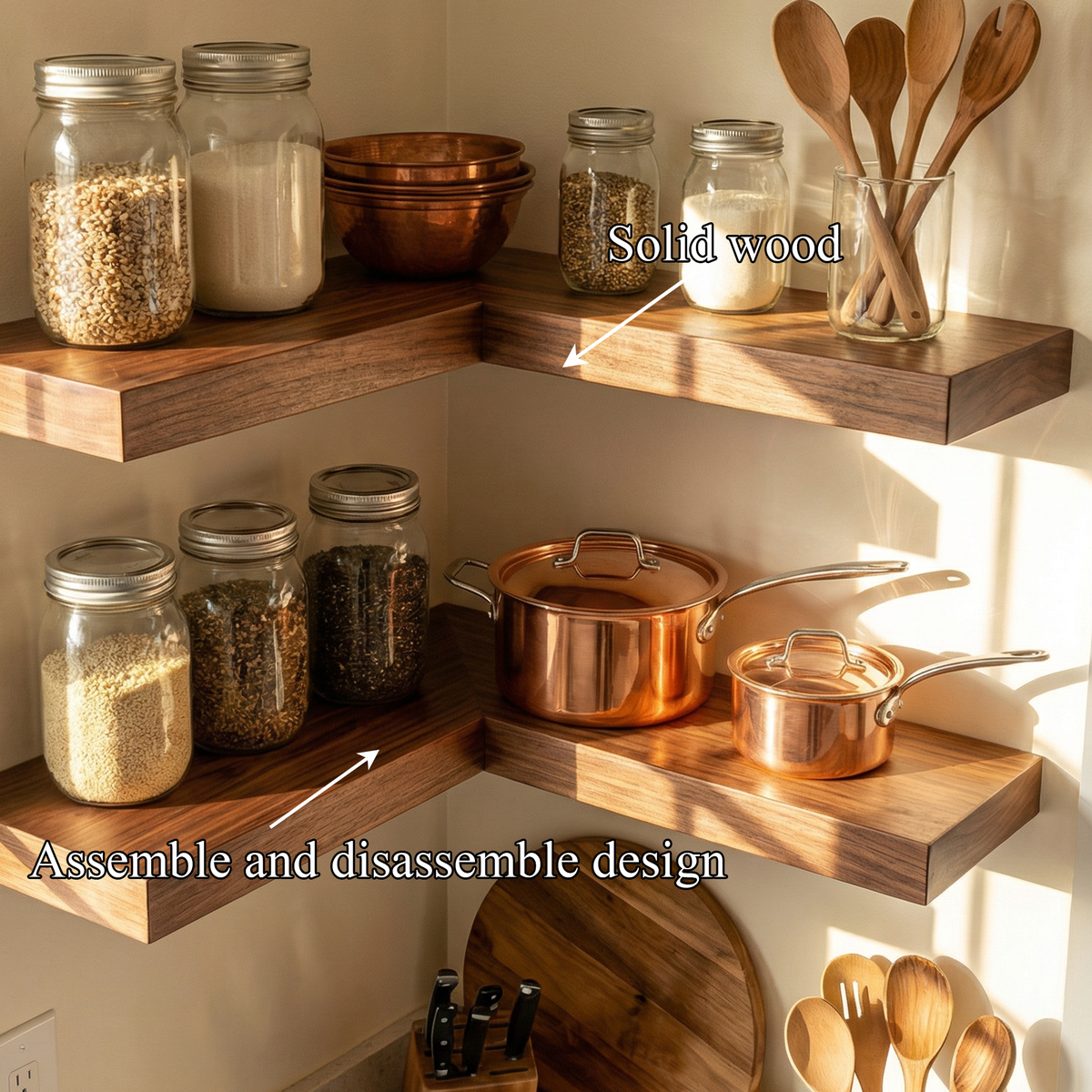 Modern Corner Wall Mounted Kitchen Shelving Unit Wood Storage Rack