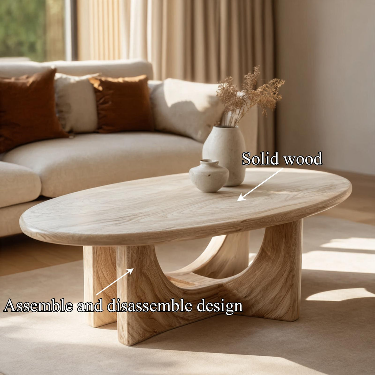 Serene Sculptural Solid Wood Coffee Table, Flowing Base Accent Center Table for Modern Living Room Harmony