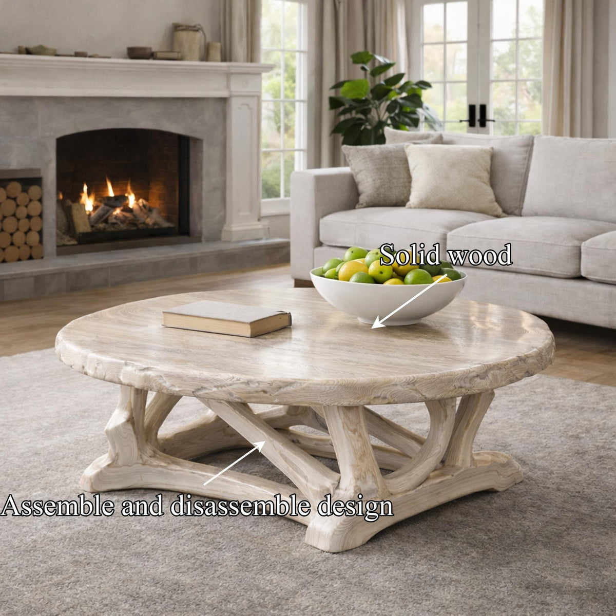 Handcrafted Driftwood Style Round Coffee Table Sculptural Coastal Living Room Interior