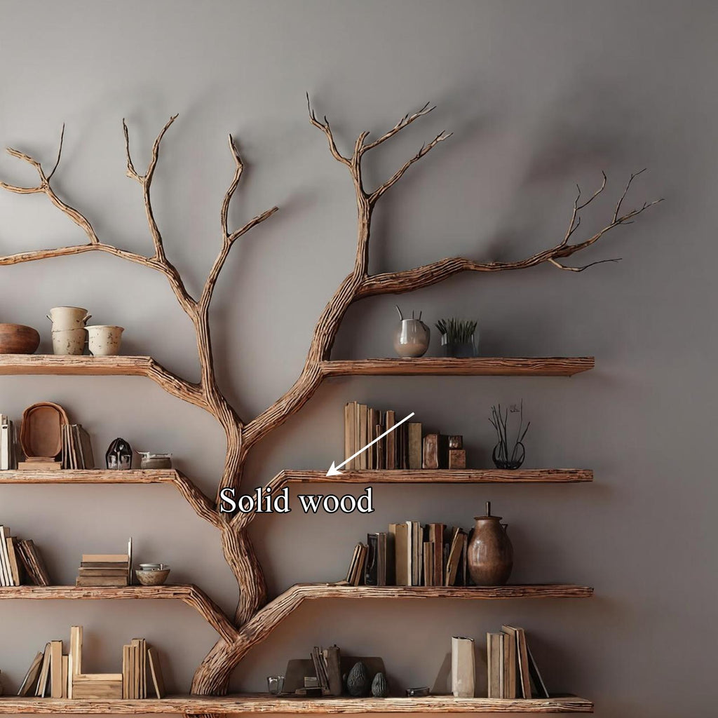 Rustic Tree Bookshelf, Handcrafted Solid Wood Wall Mounted Bookcase & Large Floating Display Shelf for Living Room Decor