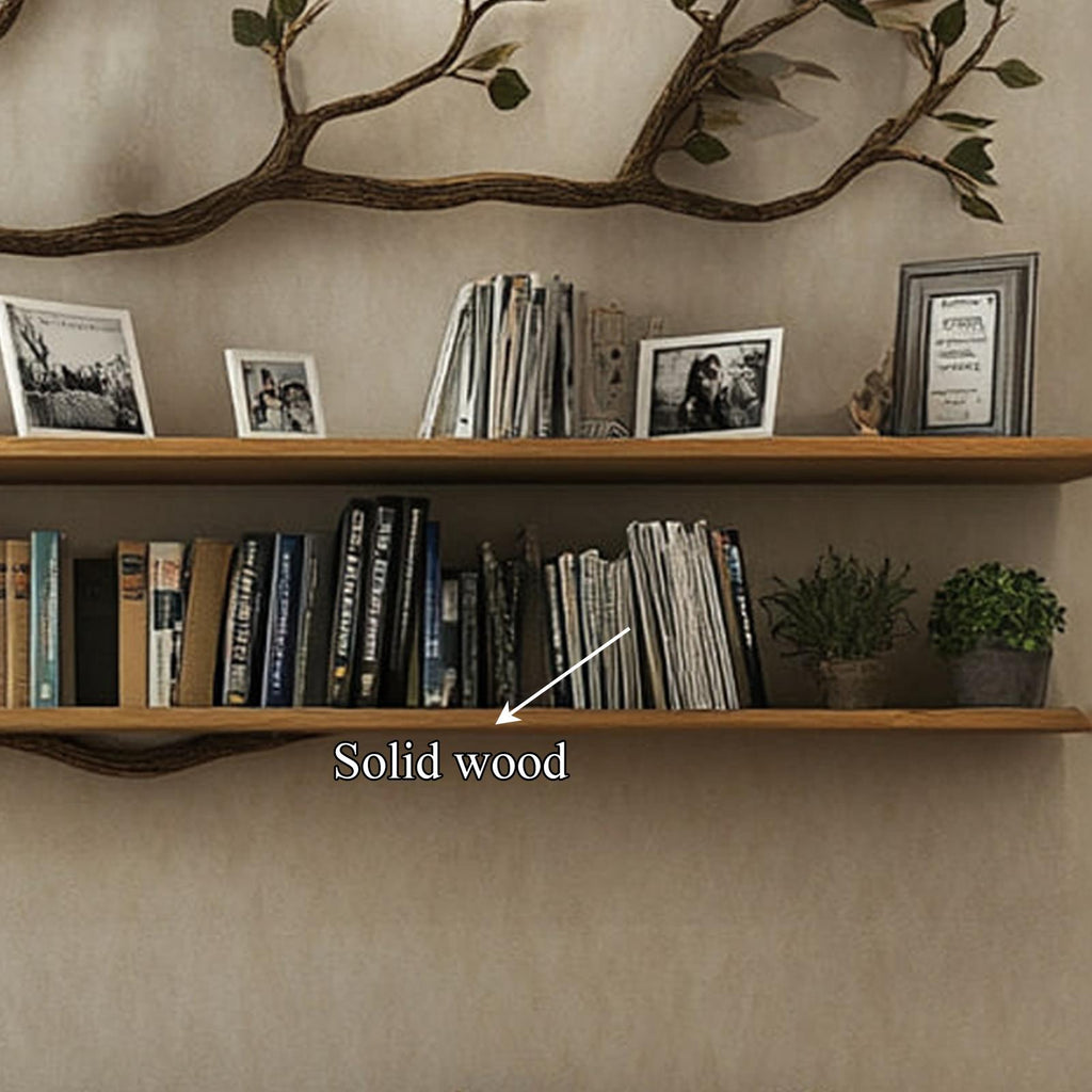 Rustic Tree Branch Wall Shelf, Handcrafted Solid Wood Decorative Book Display Rack for Living Room