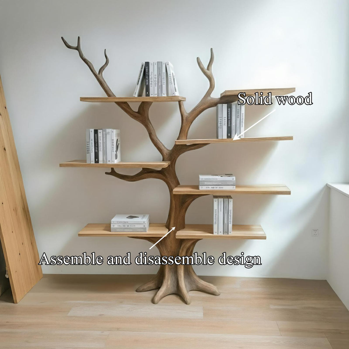 Rustic Organic Tree Decorative Shelf, Handcrafted Solid Wood Branch Bookshelf & Wall Art Display for Living Room, Bed