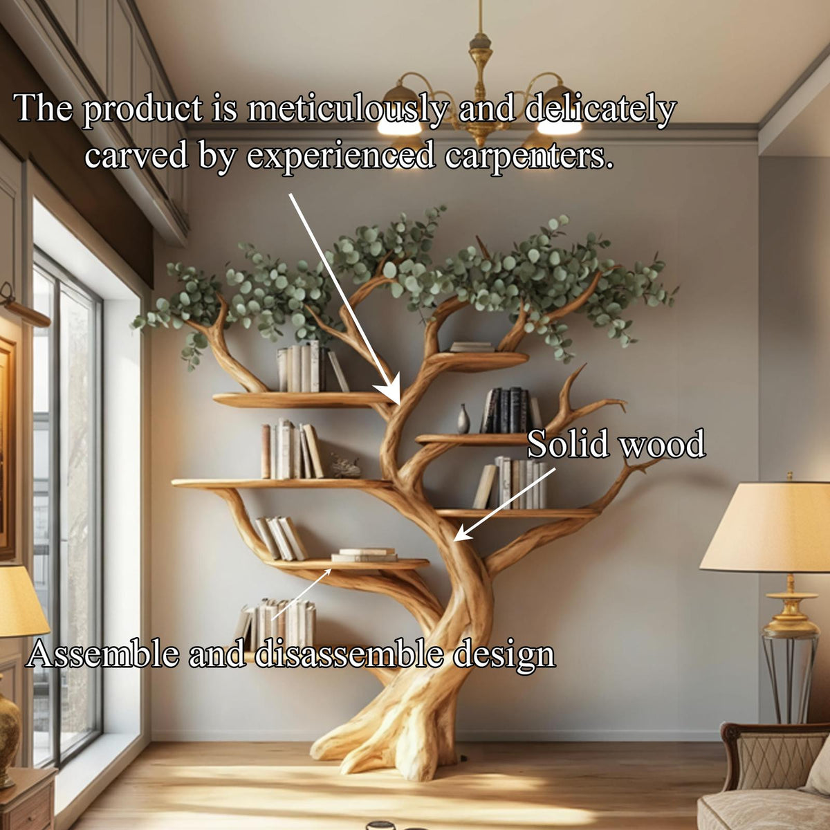 Handcrafted Wood Tree Storage Bookcase, Floating Branch Wall Mounted Bookcase Statement Piece for Living Room