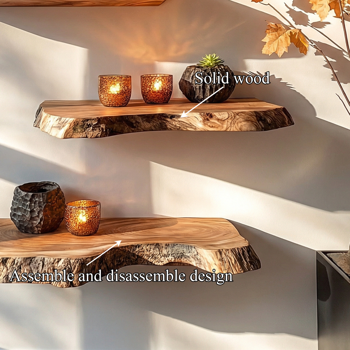 Modern Thick Live Edge Floating Wall Shelves, Chunky Solid Wood Slab Floating Shelves for Kitchen, Bathroom & Plants