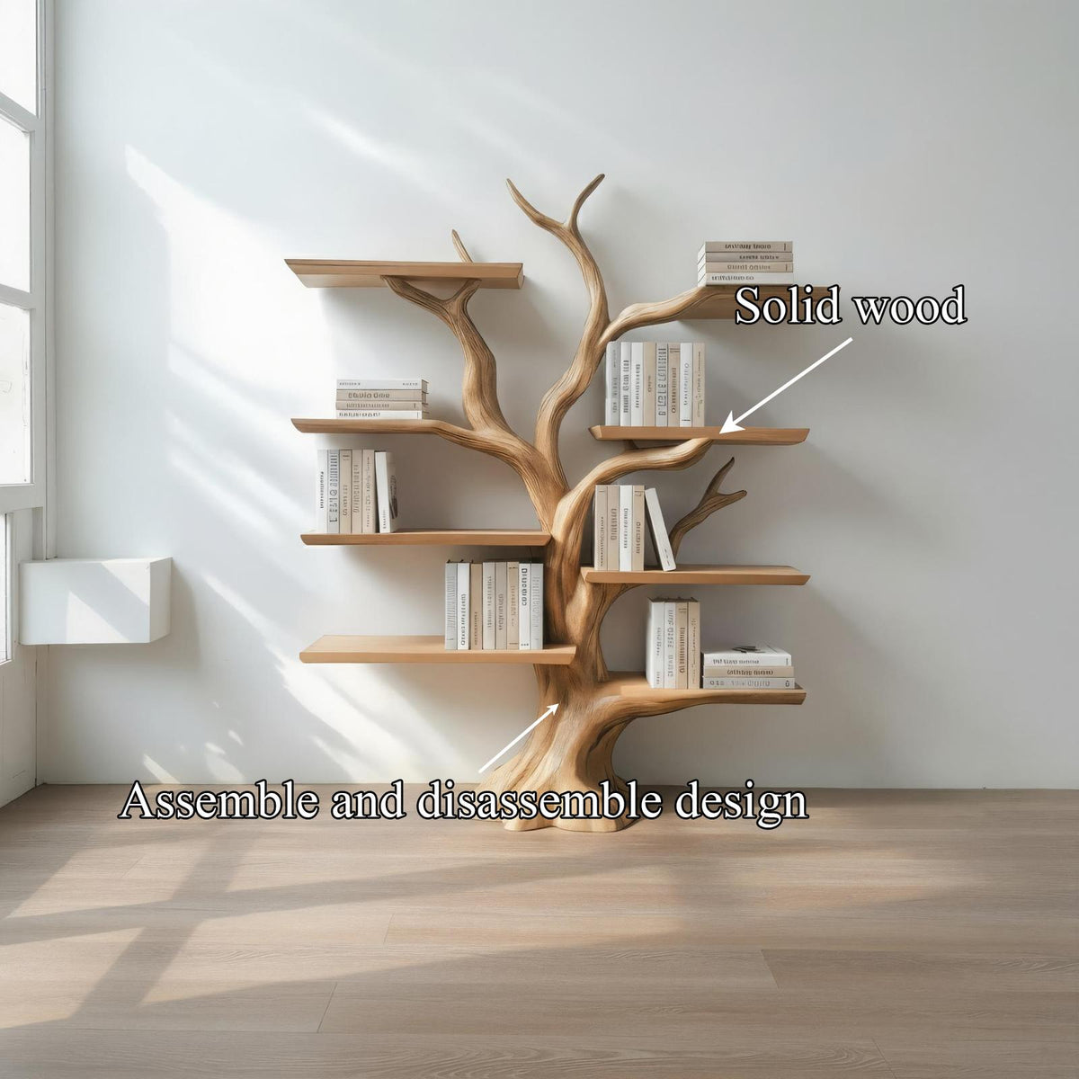 Rustic Organic Tree Branch Shelf, Solid Wood Wall Mounted Bookshelf & Artistic Display Organizer for Entryway, Hallway