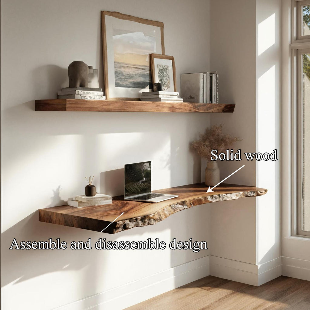 Live Edge Solid Wood Floating Desk Window Side Workspace Interior
