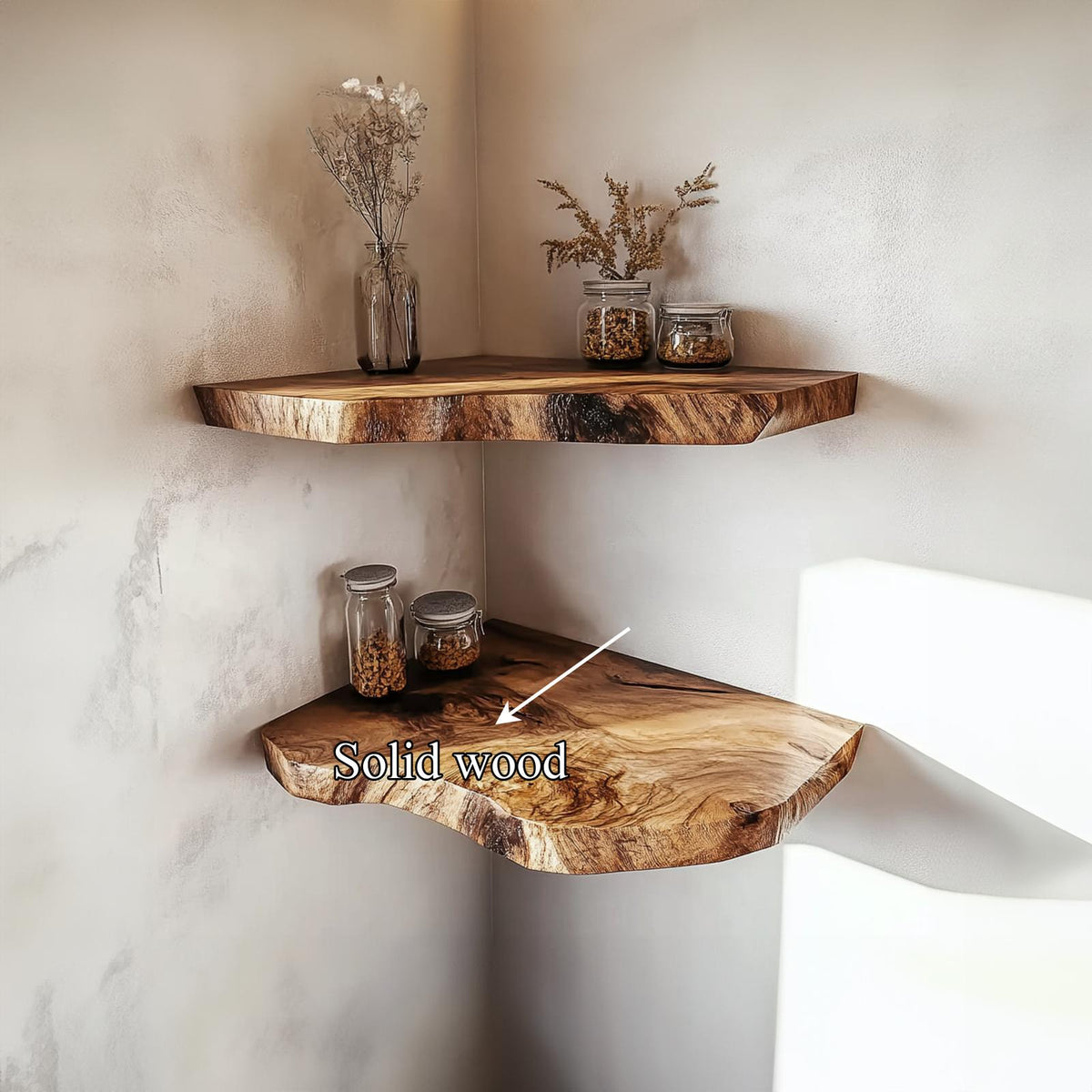 Rustic Handcrafted Live Edge Corner Floating Shelves Wall Storage