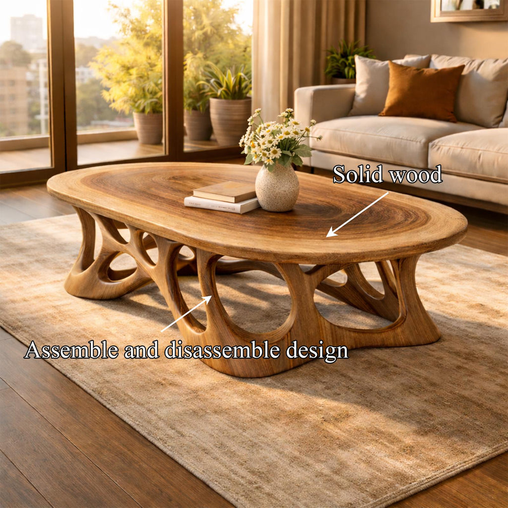 Sculpted Oval Solid Wood Coffee Table, Organic Flow Center Table for Mid-Century Modern Living Room Decor