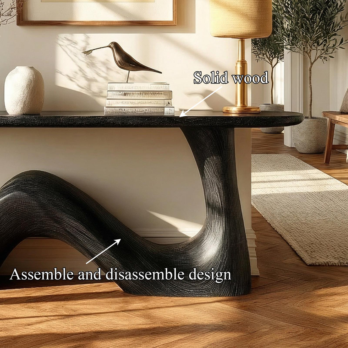 Organic Sculptural Console Table, Solid Wood Sofa Back & Entryway Accent Table for Living Room