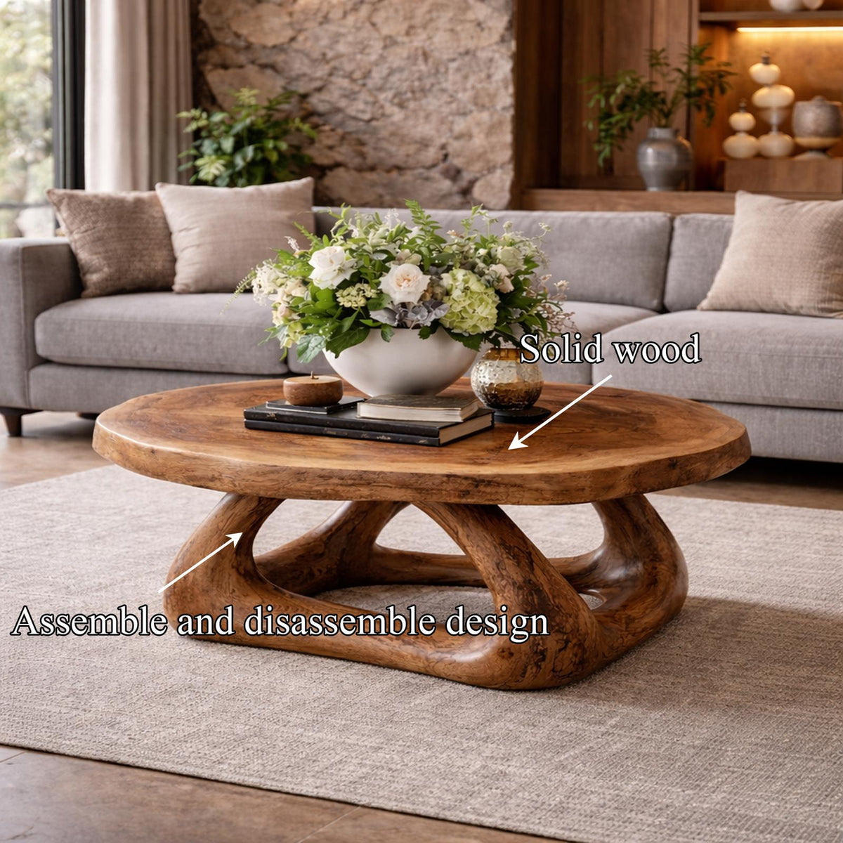 Curved Sculptural Solid Wood Coffee Table, Artistic Statement Center Table for Luxury Modern Living Room Interior