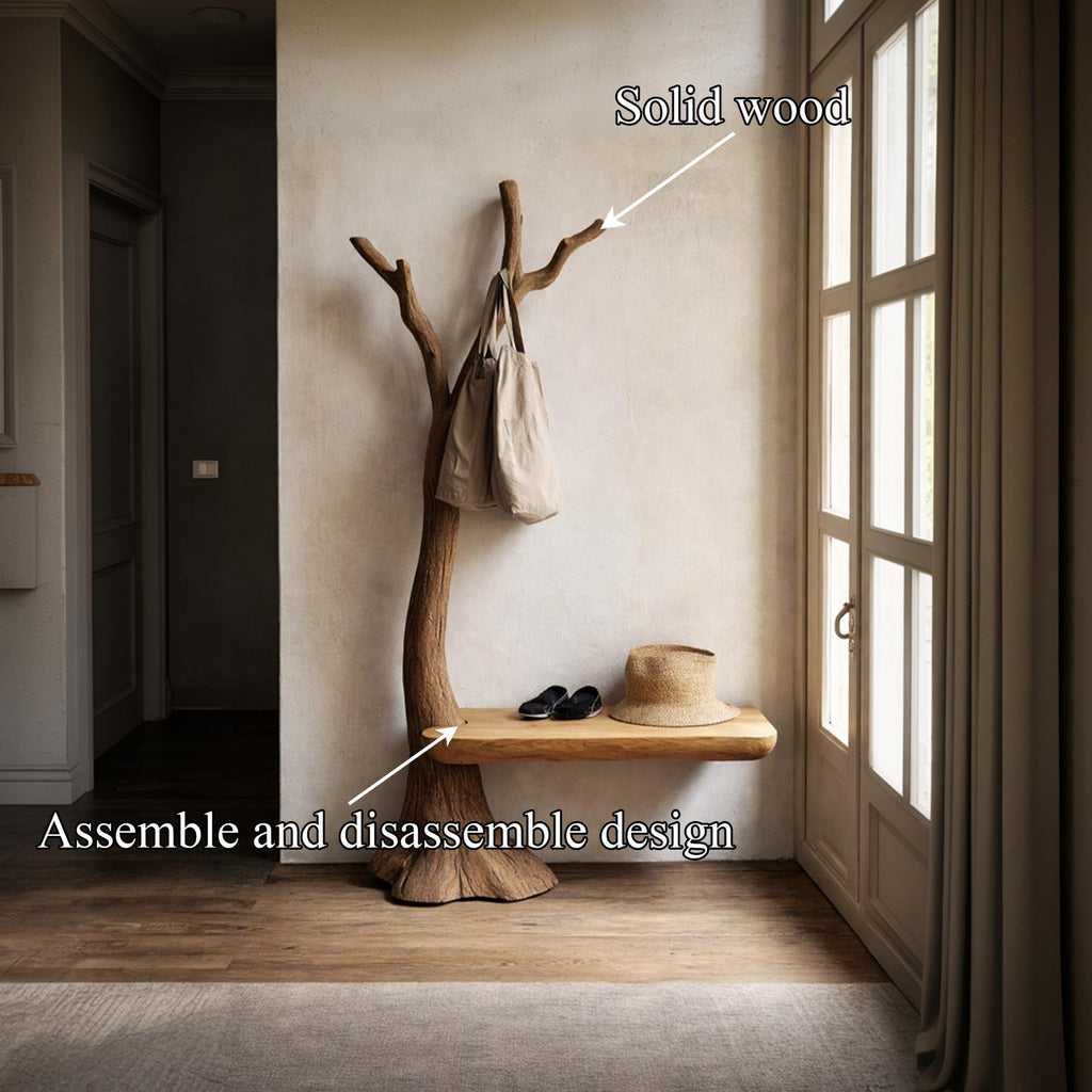 Sculptural Tree Coat Rack Bench Solid Wood Entryway Interior Minimal Storage