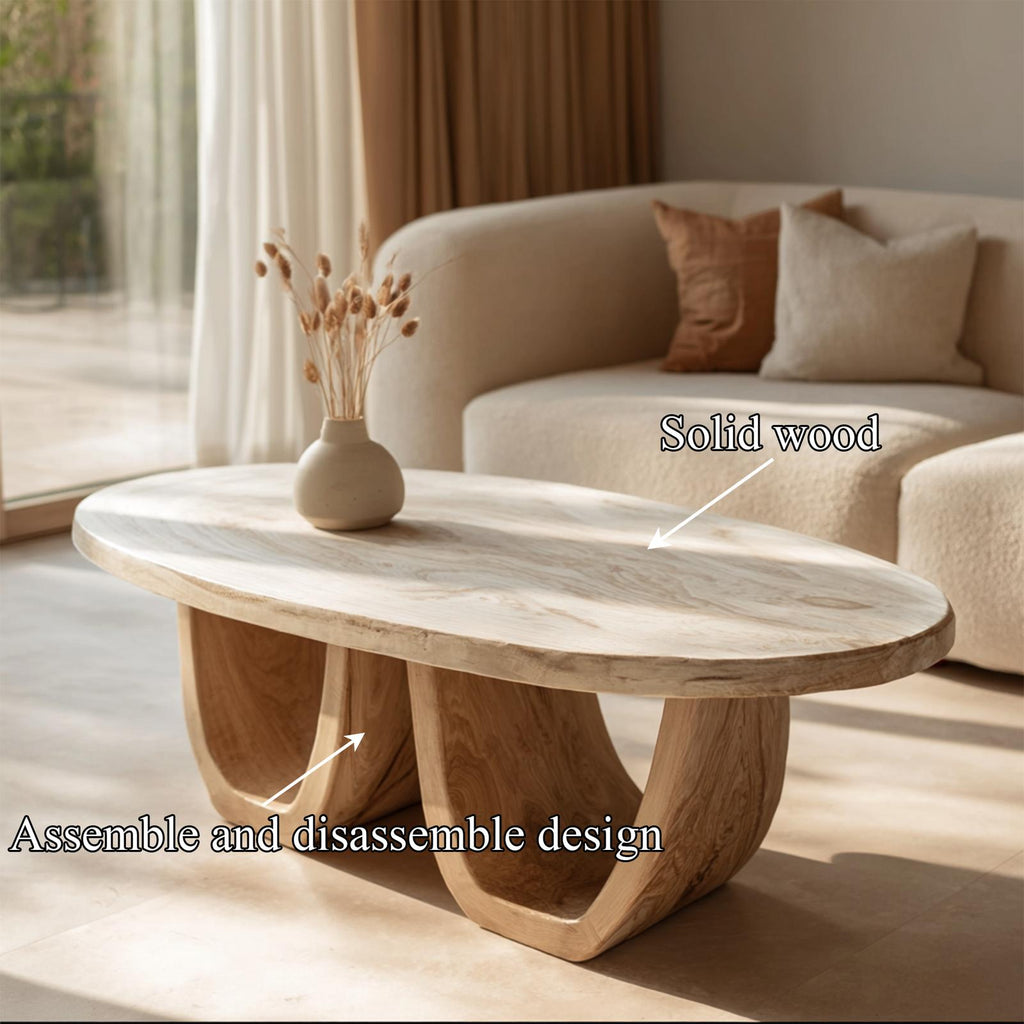 Elegant Oval Solid Wood Coffee Table Sculptural Twin Base Calm Modern Living Room Interior