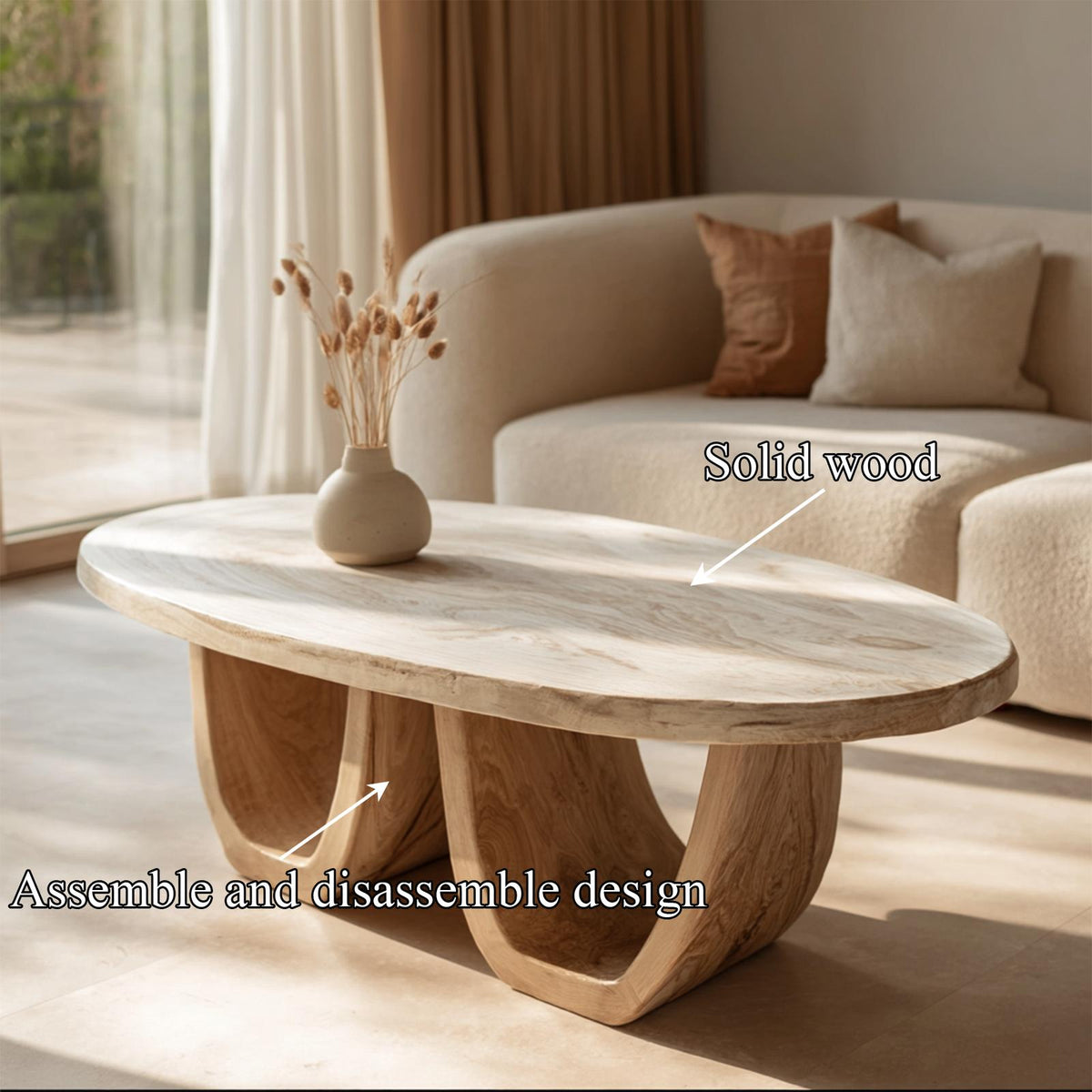 Elegant Oval Solid Wood Coffee Table Sculptural Twin Base Calm Modern Living Room Interior