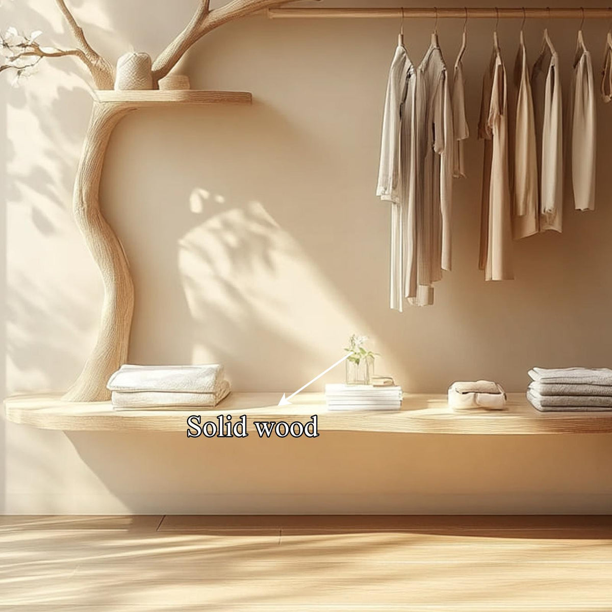 Scandinavian Wooden Tree Wardrobe, Handcrafted Solid Wood Clothes Drying Rack, Natural Coat Stand for Bedroom Decor