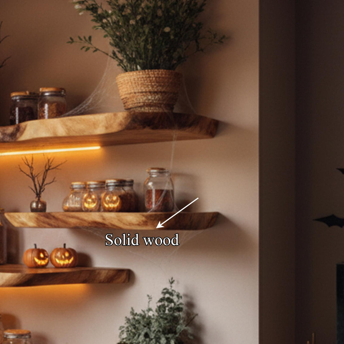 Mid Century Floating Wooden Shelves Halloween Style Living Room