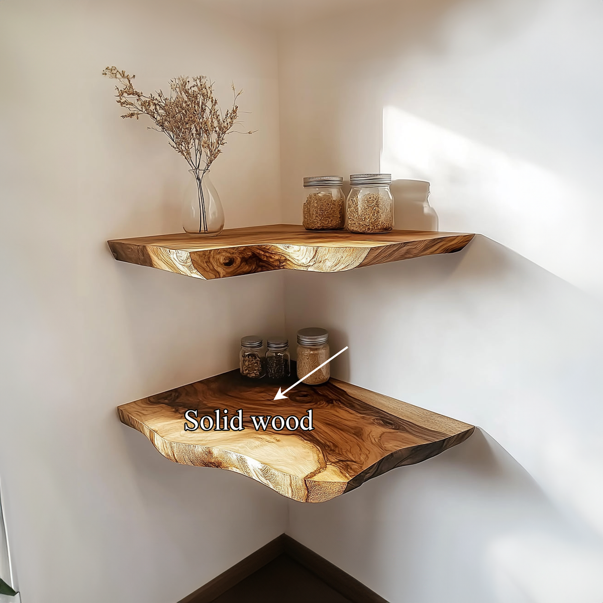 Rustic Live Edge Wood Corner Wall Shelf, Space-Saving Floating Kitchen Storage Rack & Dining Room Decor Display Ledge
