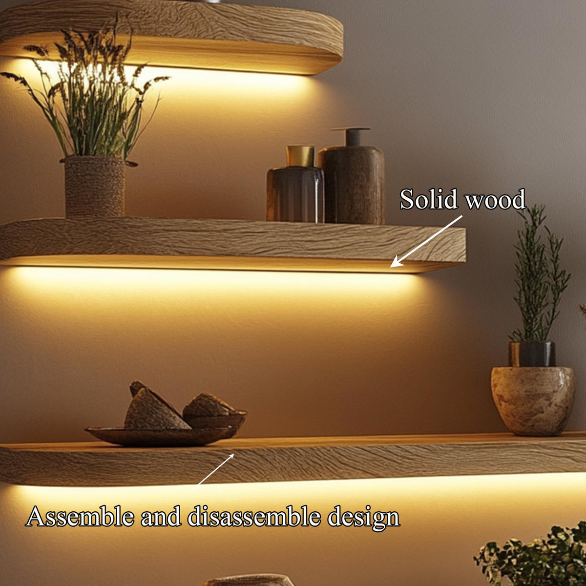 Warm Light Solid Wood Floating Shelves Modern Wall Display Interior