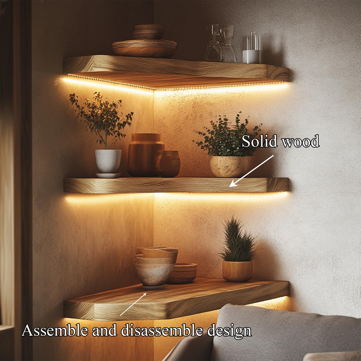Layered Solid Wood Corner Wall Shelves Warm Minimal Interior Style