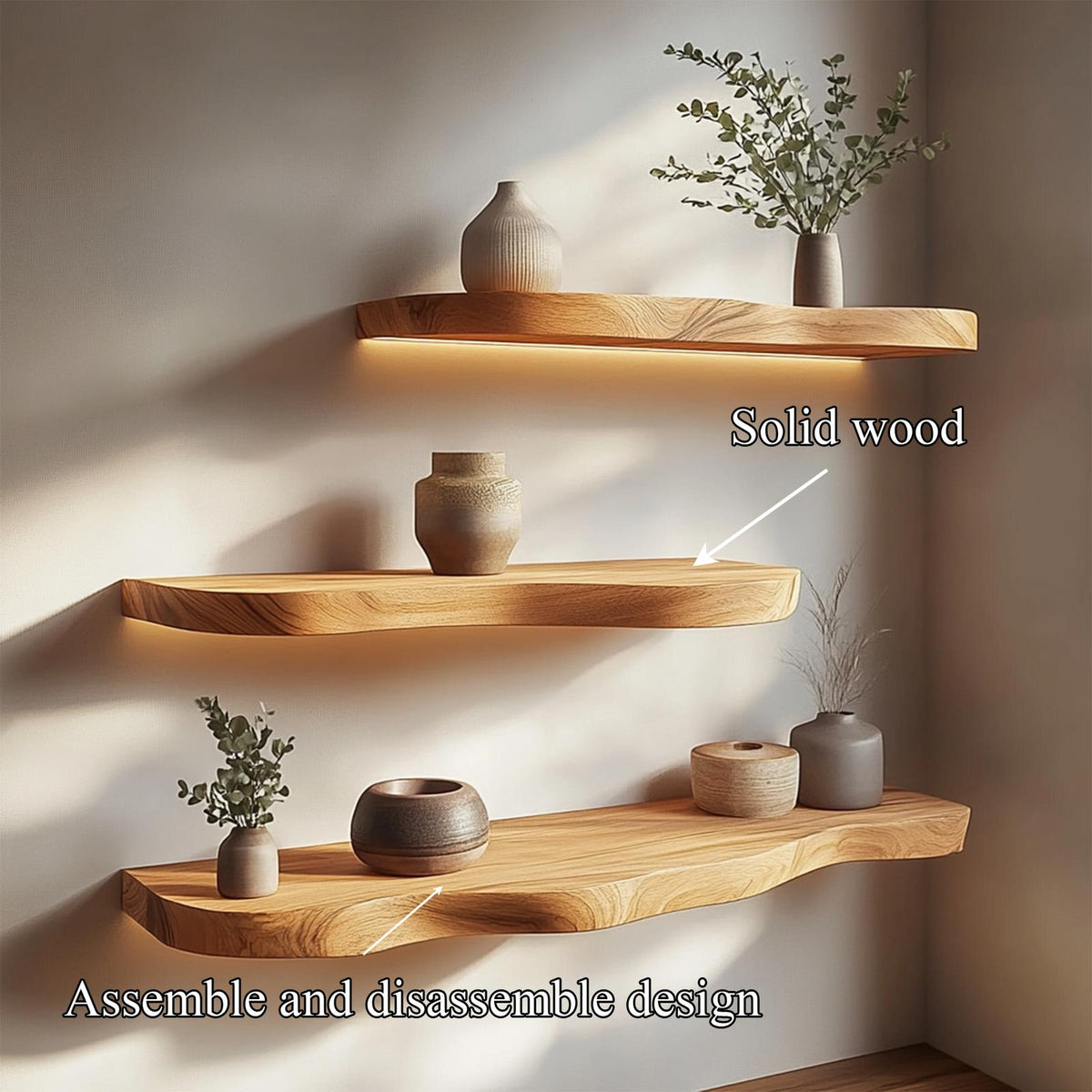 Minimal Solid Wood Floating Shelves with Integrated Lighting, Modern Wall Mounted Display Shelf for Living Room