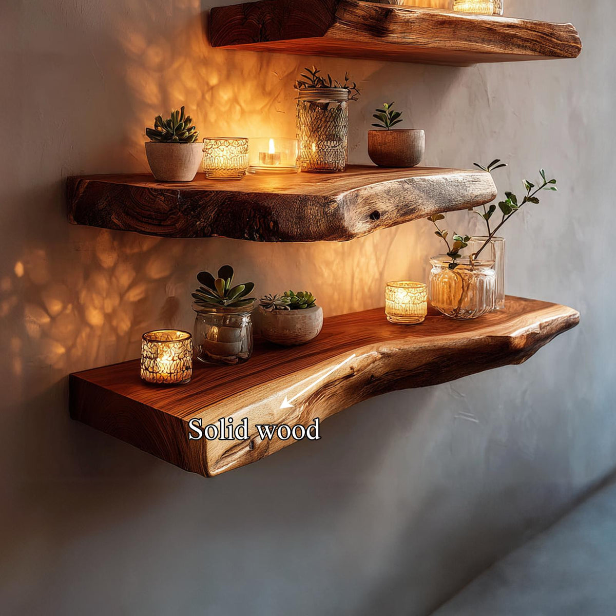 Rustic Live Edge Floating Wood Shelf, Decorative Wall Mounted Hanging Storage Organizer Ledge for Living Room Art, Plants