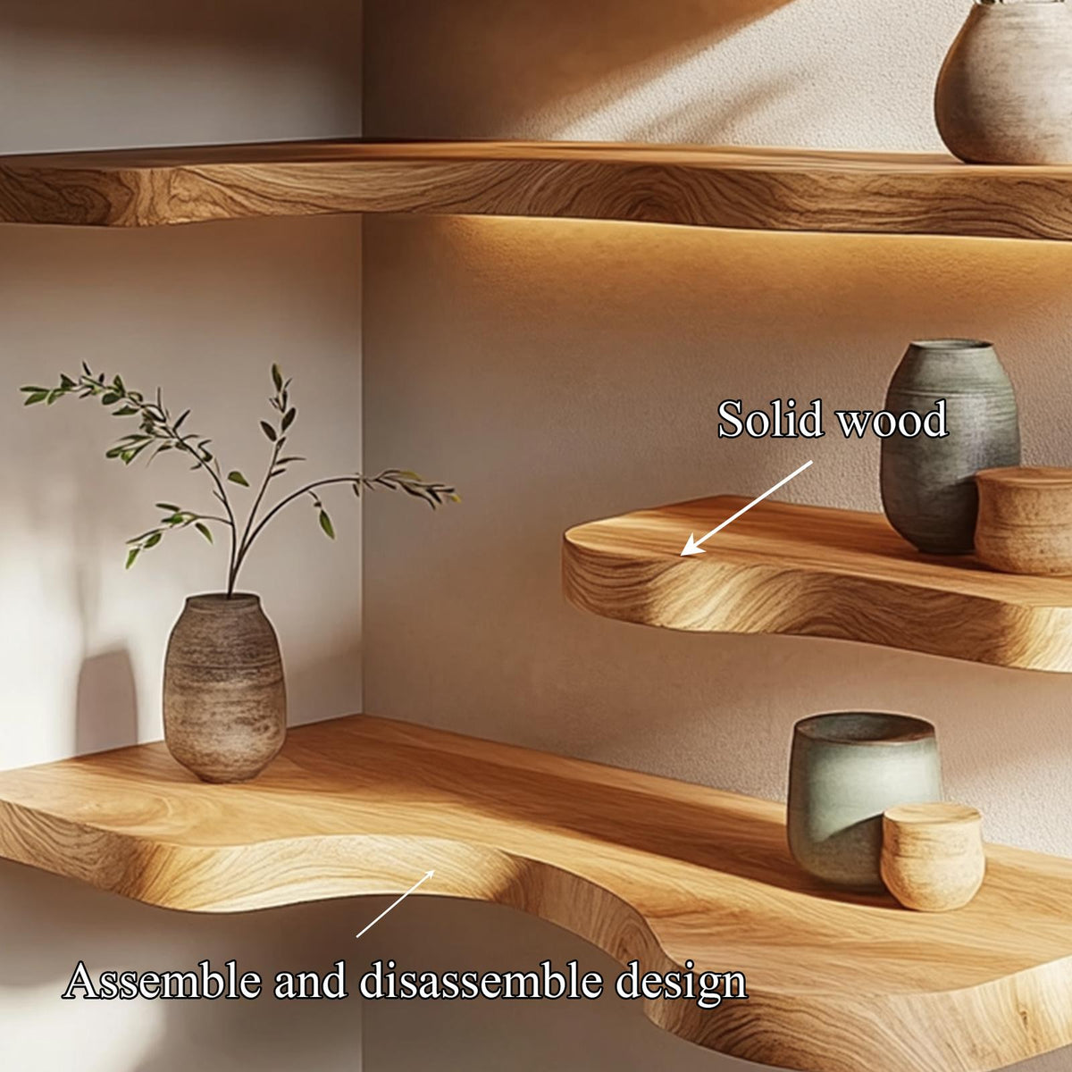 Natural Edge Solid Wood Corner Floating Shelves Calm Modern Interior Decor